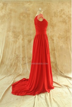 A-Line Beaded Cap-Sleeve Long Red Chiffon Prom Evening Formal Dresses ED011509