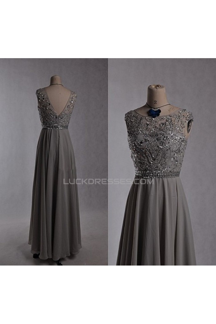 A-Line Beaded Long Grey Chiffon Prom Evening Formal Dresses ED011535