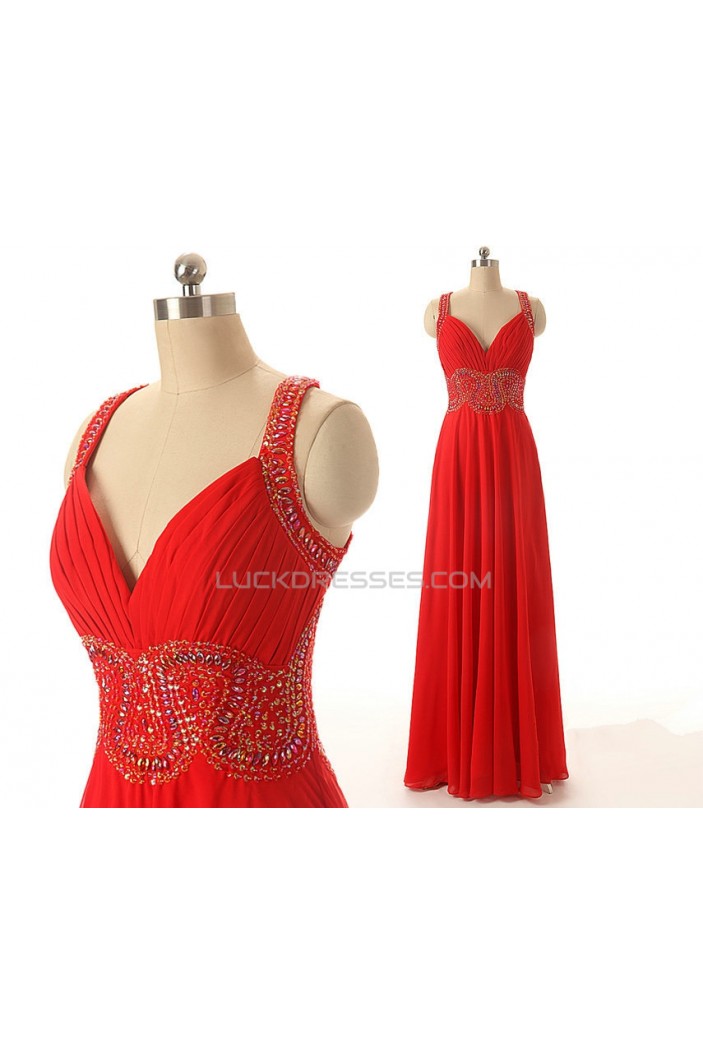 A-Line Beaded Long Red Chiffon Prom Evening Formal Dresses ED011552