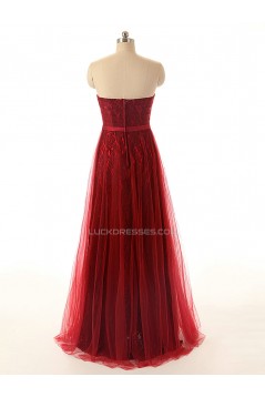 A-Line Sweetheart Long Red Lace and Tulle Prom Evening Formal Dresses ED011553