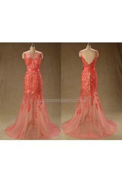 Trumpet/Mermaid Lace Applique Long Red Prom Evening Formal Dresses ED011560