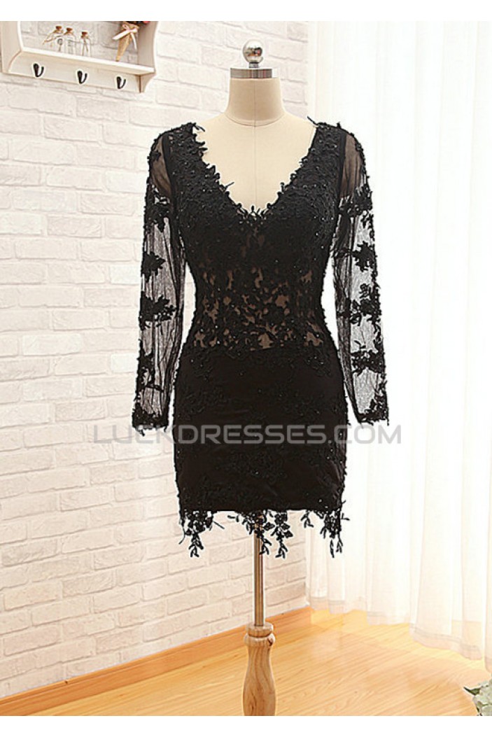 Short V-Neck Long Sleeve Black Applique Prom Evening Formal Dresses ED011575