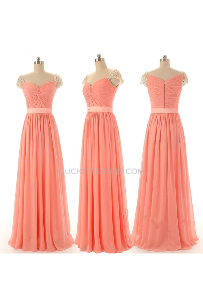 A-Line Beaded Cap-Sleeve Long Chiffon Prom Evening Formal Dresses ED011583