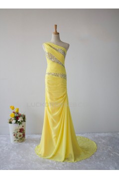 Elegant Beaded One-Shoulder Long Yellow Chiffon Prom Evening Formal Dresses ED011605