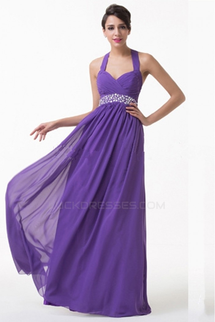 A-Line Halter Beaded Long Purple Chiffon Prom Evening Formal Bridesmaid Dresses ED011617