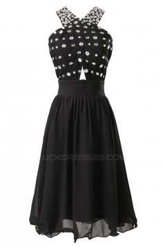 A-Line Beaded Short Black Chiffon Prom Evening Bridesmaid Dresses ED011618