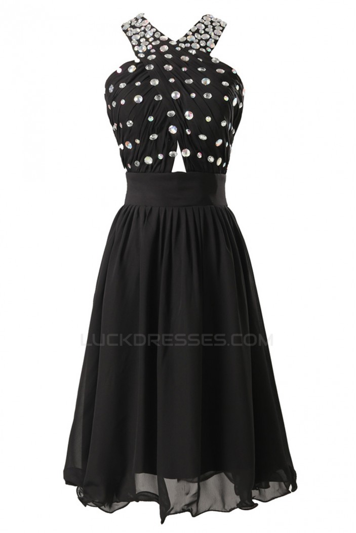 A-Line Beaded Short Black Chiffon Prom Evening Bridesmaid Dresses ED011618