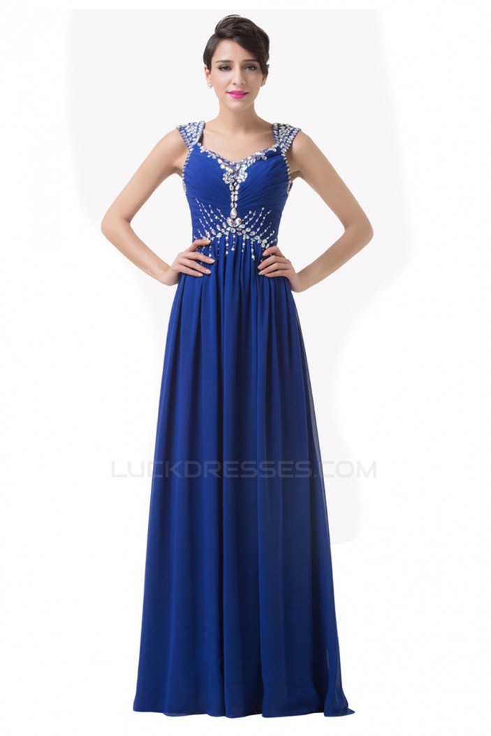 A-Line Beaded Long Blue Chiffon Prom Evening Formal Dresses ED011624