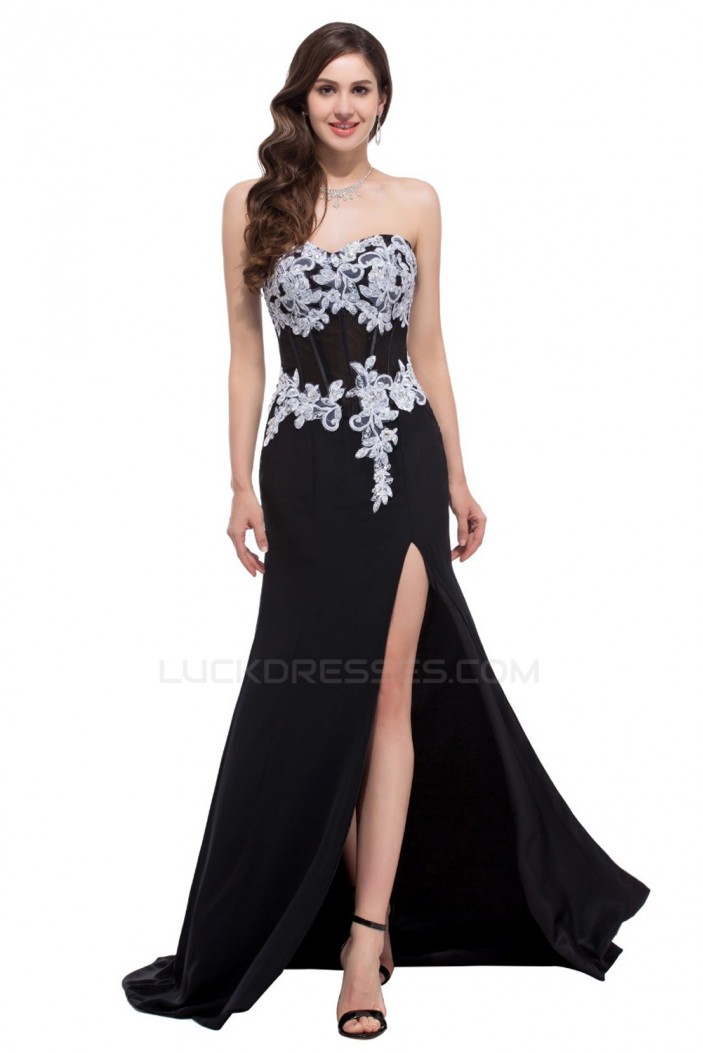 Elegant Sweetheart Split-Front Long Black Chiffon Prom Evening Formal Dresses ED011625