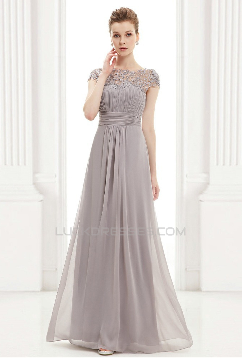 A-Line Cap-Sleeve Lace and Chiffon Long Mother of the Bride Dresses ...