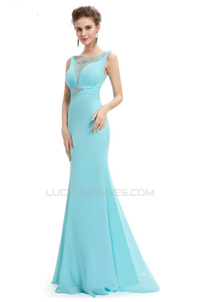 Trumpet/Mermaid Beaded Long Blue Chiffon Prom Evening Formal Dresses ED011640