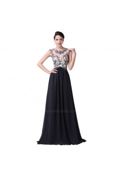 A-Line Beaded Long Black Chiffon Prom Evening Formal Dresses ED011651