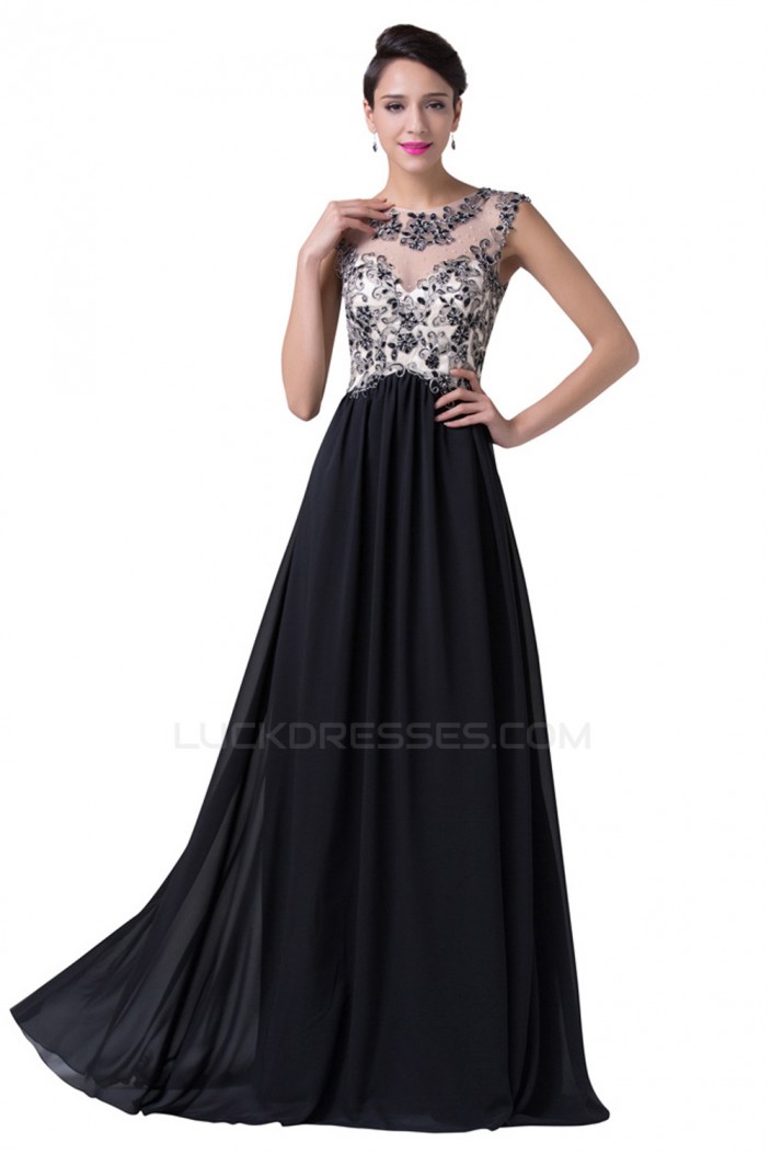 A-Line Beaded Long Black Chiffon Prom Evening Formal Dresses ED011651