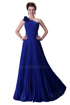 A-Line One-Shoulder Pleated Long Blue Chiffon Prom Evening Bridesmaid Dresses ED011656