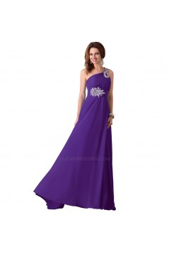 A-Line One-Shoulder Beaded Long Blue Chiffon Prom Evening Formal Dresses ED011660