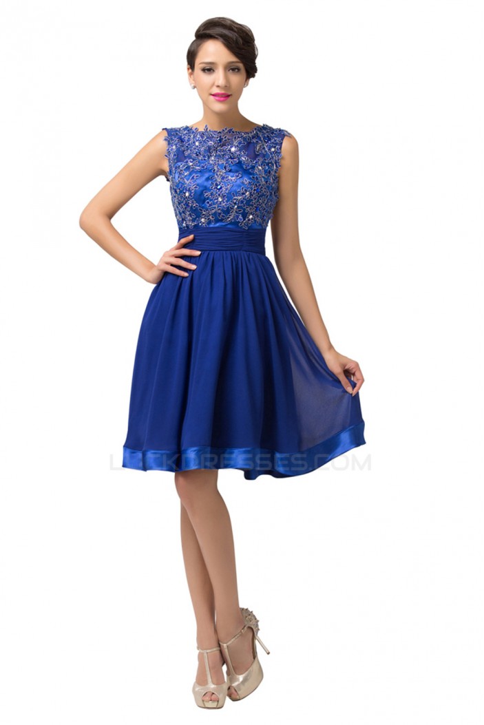 A-Line Bateau Beaded Applique Short Blue Prom Evening Formal Dresses ED011661