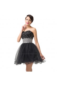 A-Line Sweetheart Beaded Short Tulle Black Prom Evening Cocktail Dresses ED011666