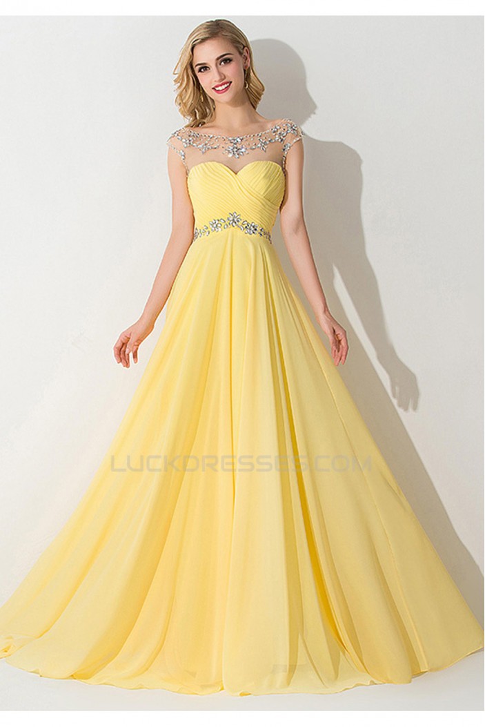 A-Line Bateau Long Yellow Chiffon Prom Evening Formal Dresses ED011667