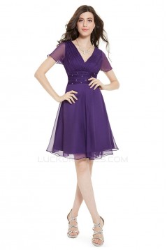 A-Line V-Neck Short Purple Chiffon Prom Evening Bridesmaid Dresses ED011675