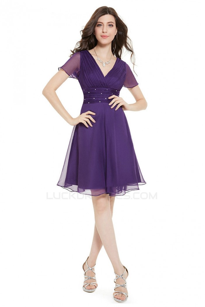 A-Line V-Neck Short Purple Chiffon Prom Evening Bridesmaid Dresses ED011675