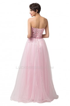 A-Line Sweetheart Beaded Long Pink Tulle Prom Evening Formal Dresses ED011676