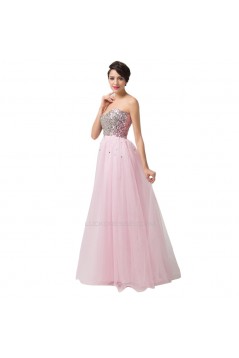 A-Line Sweetheart Beaded Long Pink Tulle Prom Evening Formal Dresses ED011676