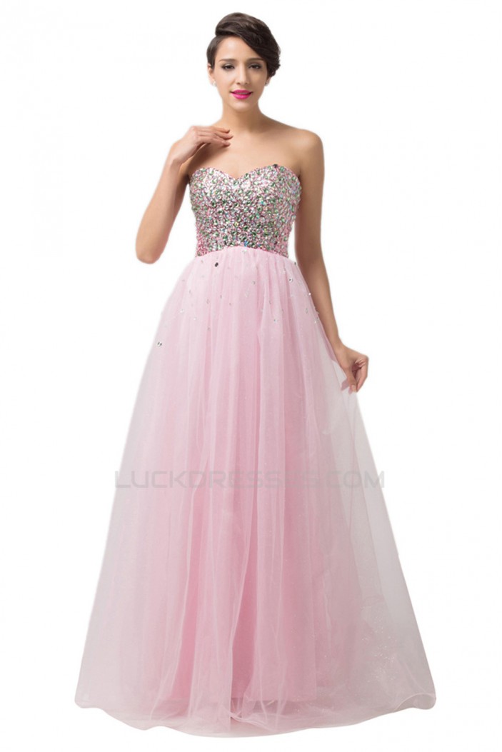 A-Line Sweetheart Beaded Long Pink Tulle Prom Evening Formal Dresses ED011676