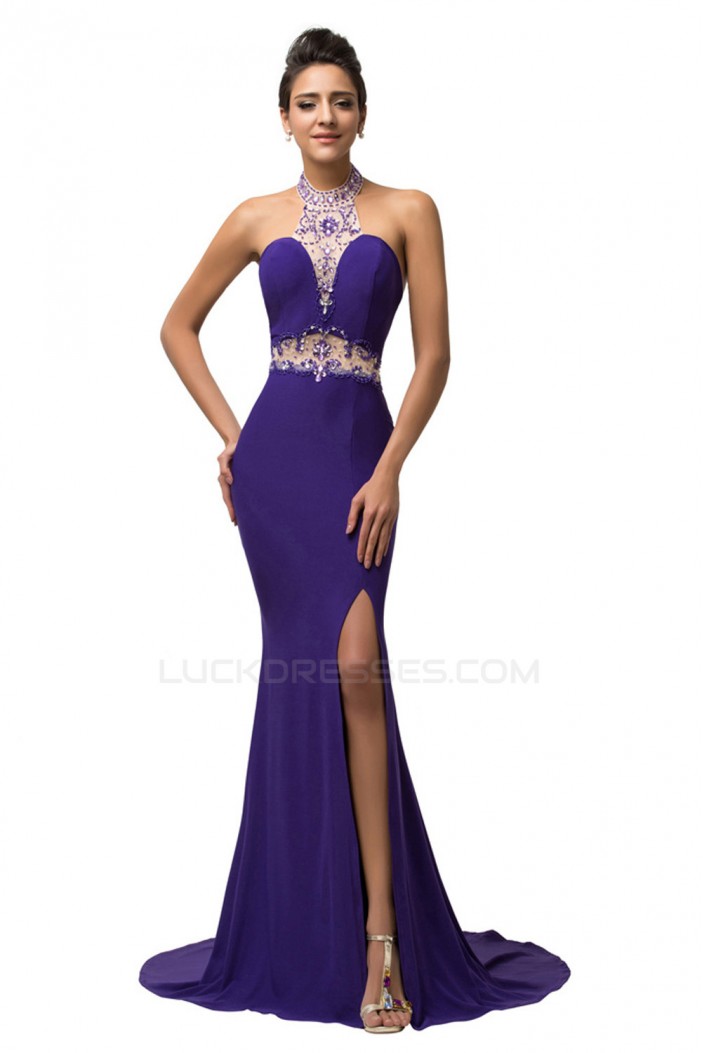 Trumpet/Mermaid Halter Beaded Long Chiffon Prom Evening Formal Dresses ED011677