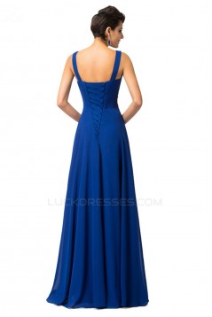 A-Line V-Neck Beaded Long Blue Chiffon Prom Evening Formal Dresses ED011682