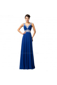 A-Line V-Neck Beaded Long Blue Chiffon Prom Evening Formal Dresses ED011682