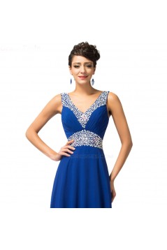 A-Line V-Neck Beaded Long Blue Chiffon Prom Evening Formal Dresses ED011682