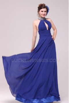 High Neck Halter Beaded Long Blue Chiffon Prom Evening Formal Party Dresses ED010187