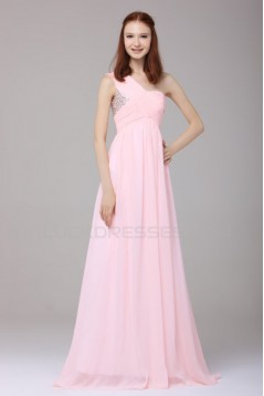 Long Pink One-Shoulder Beaded Chiffon Prom Evening Formal Party Dresses ED010189