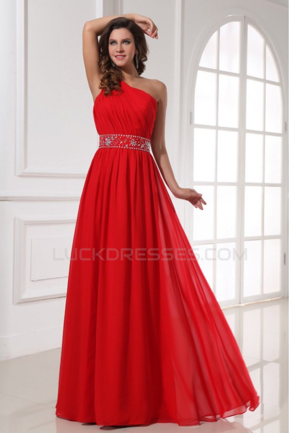 A-Line One-Shoulder Beaded Long Red Chiffon Prom Evening Formal Party ...