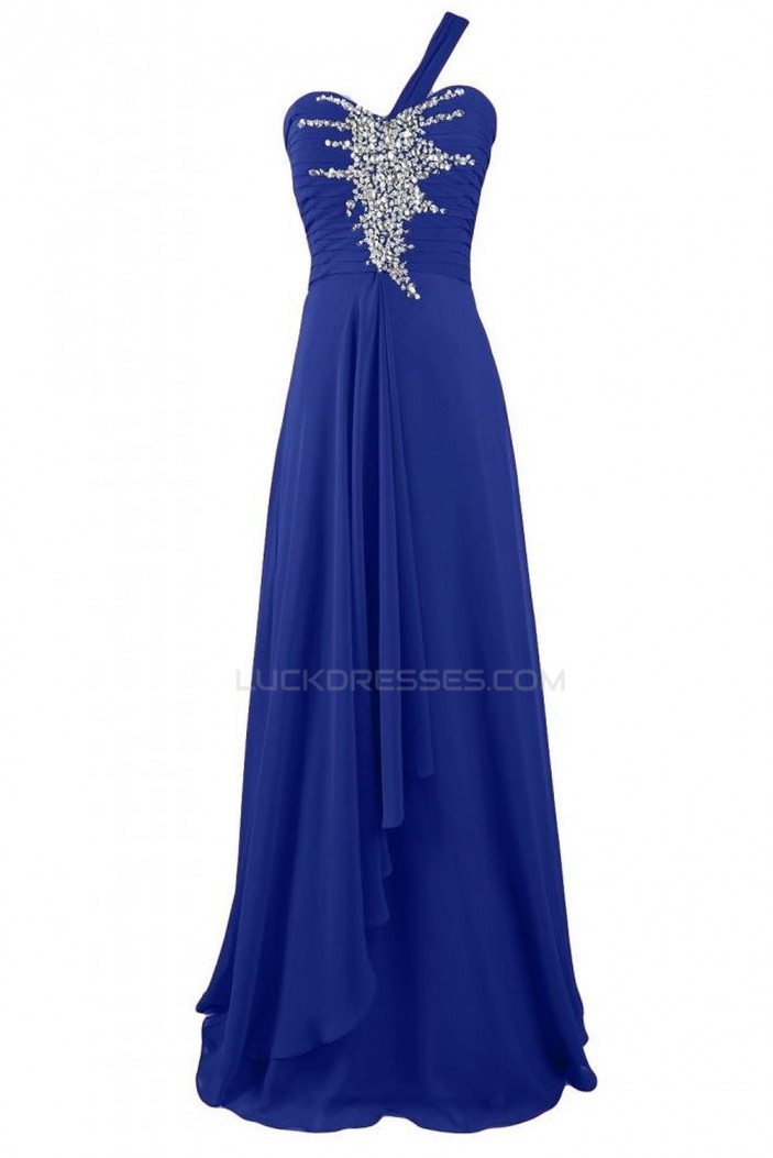 Long Blue Beaded One-Shoulder Prom Evening Formal Party Dresses ED010243