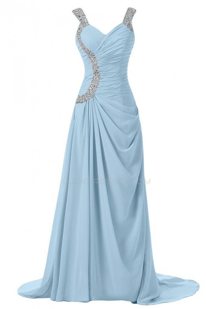 Beaded Long Blue Chiffon Prom Evening Formal Party Dresses ED010247