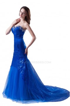 Trumpet/Mermaid Sweetheart Beaded Long Blue Prom Evening Formal Party Dresses ED010276