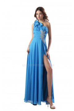 Long Blue One-Shoulder Beaded Chiffon Prom Evening Formal Party Dresses ED010284