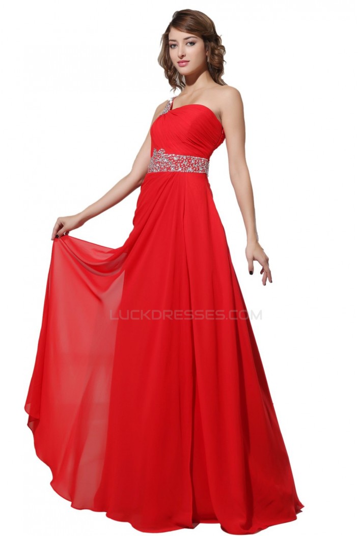 A-Line One-Shoulder Long Red Beaded Chiffon Prom Evening Formal Party Dresses ED010296