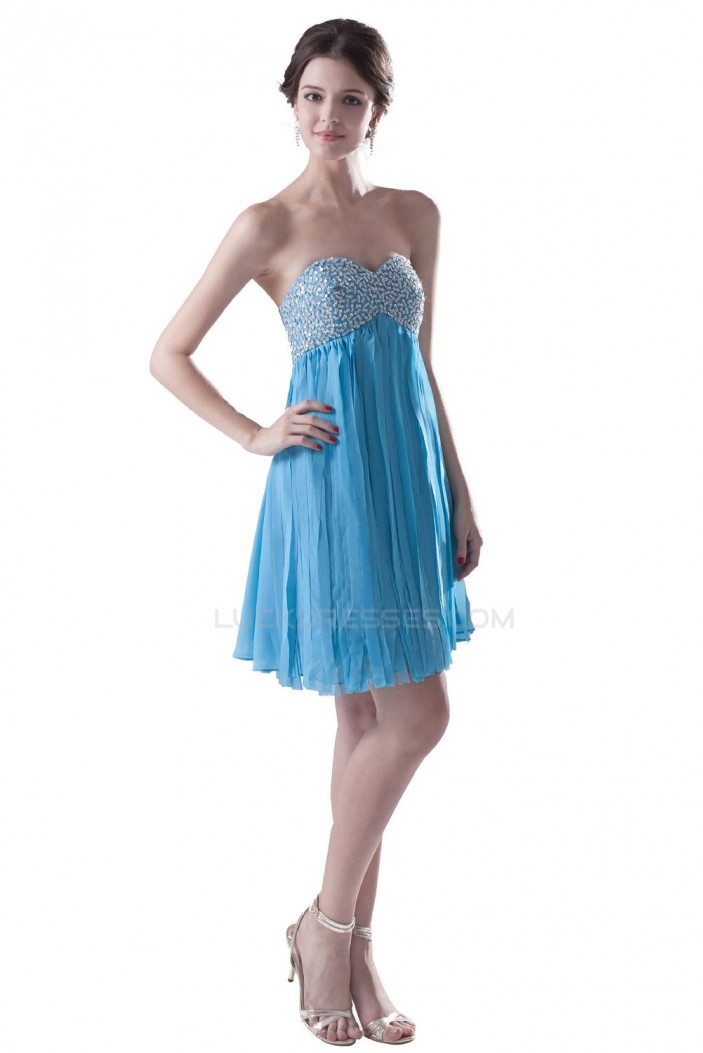 A-Line Sweetheart Short Blue Beaded Chiffon Prom Evening Formal Party Dresses ED010327