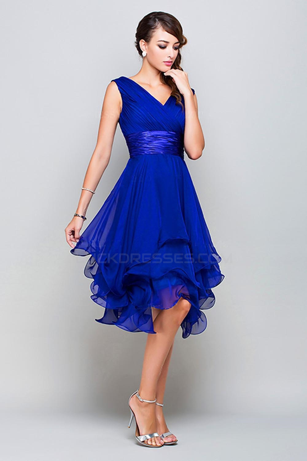 A Line Princess V Neck Short Royal Blue Chiffon Prom Bridesmaid Party Dresses Ed010372