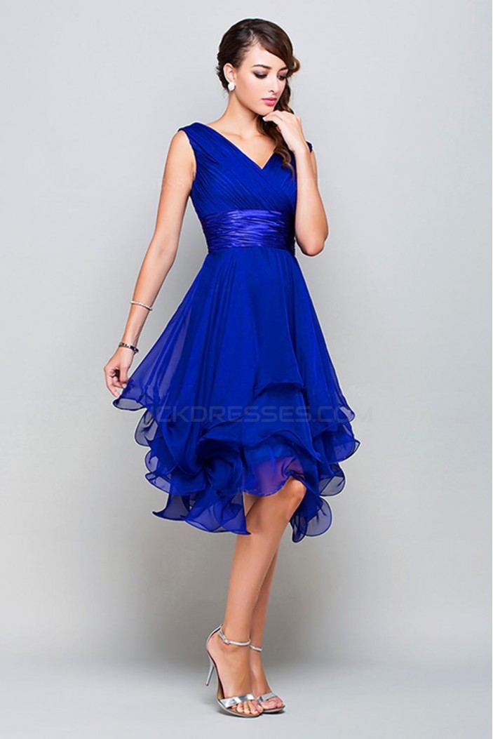 A Line Princess V Neck Short Royal Blue Chiffon Prom Bridesmaid Party Dresses ED010372