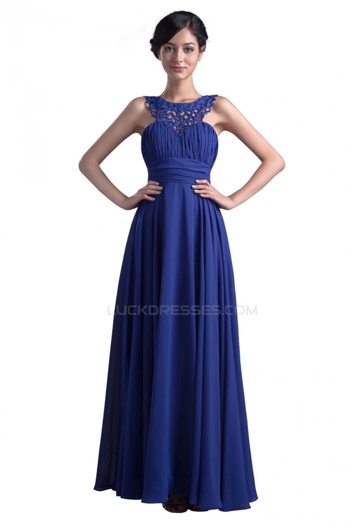 A-Line Long Blue Beaded Chiffon Prom Evening Formal Party Dresses ED010388