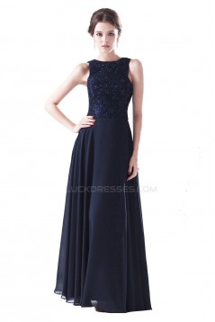 A-Line Long Navy Blue Chiffon and Lace Beaded Prom Evening Formal Party Dresses ED010401