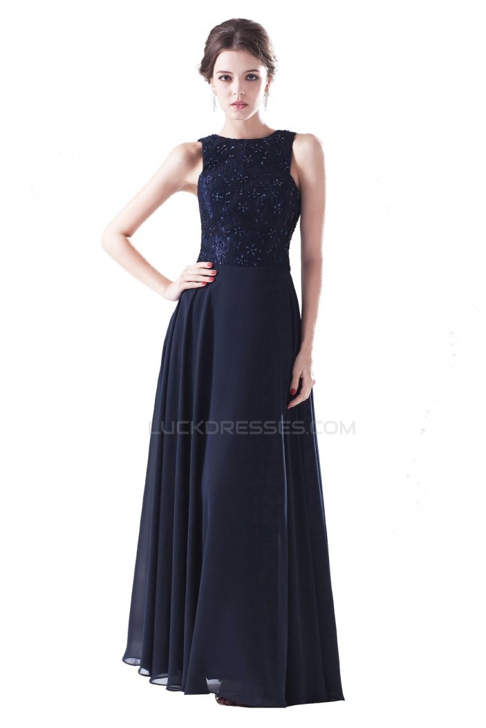 A-Line Long Navy Blue Chiffon and Lace Beaded Prom Evening Formal Party Dresses ED010401