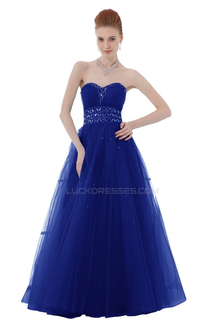 A-Line Sweetheart Beaded Long Blue Tulle Prom Evening Formal Party Dresses ED010416