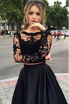 A-Line Two Pieces Long Sleeves Lace Black Prom Evening Formal Party Dresses ED010427