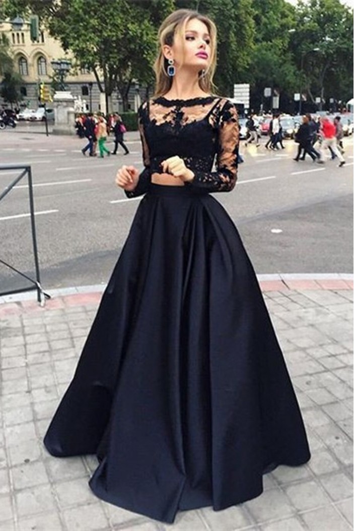 A-Line Two Pieces Long Sleeves Lace Black Prom Evening Formal Party Dresses ED010427