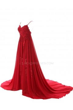 A-Line Spaghetti Strap Long Red Chiffon and Lace Prom Evening Formal Party Dresses ED010436