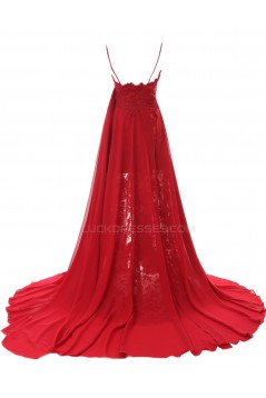 A-Line Spaghetti Strap Long Red Chiffon and Lace Prom Evening Formal Party Dresses ED010436